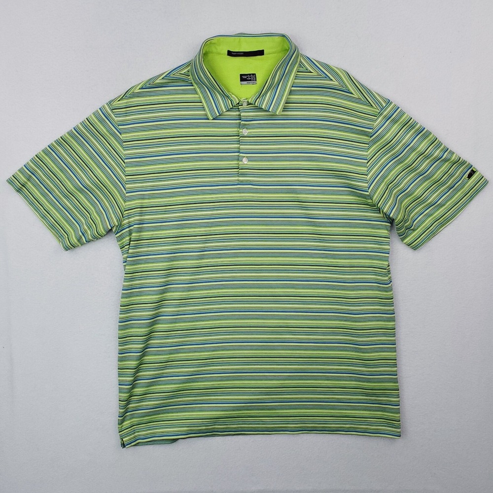 Nike‎ Shirt Mens Large Green Blue Tiger Woods Performance Golf Polo Striped